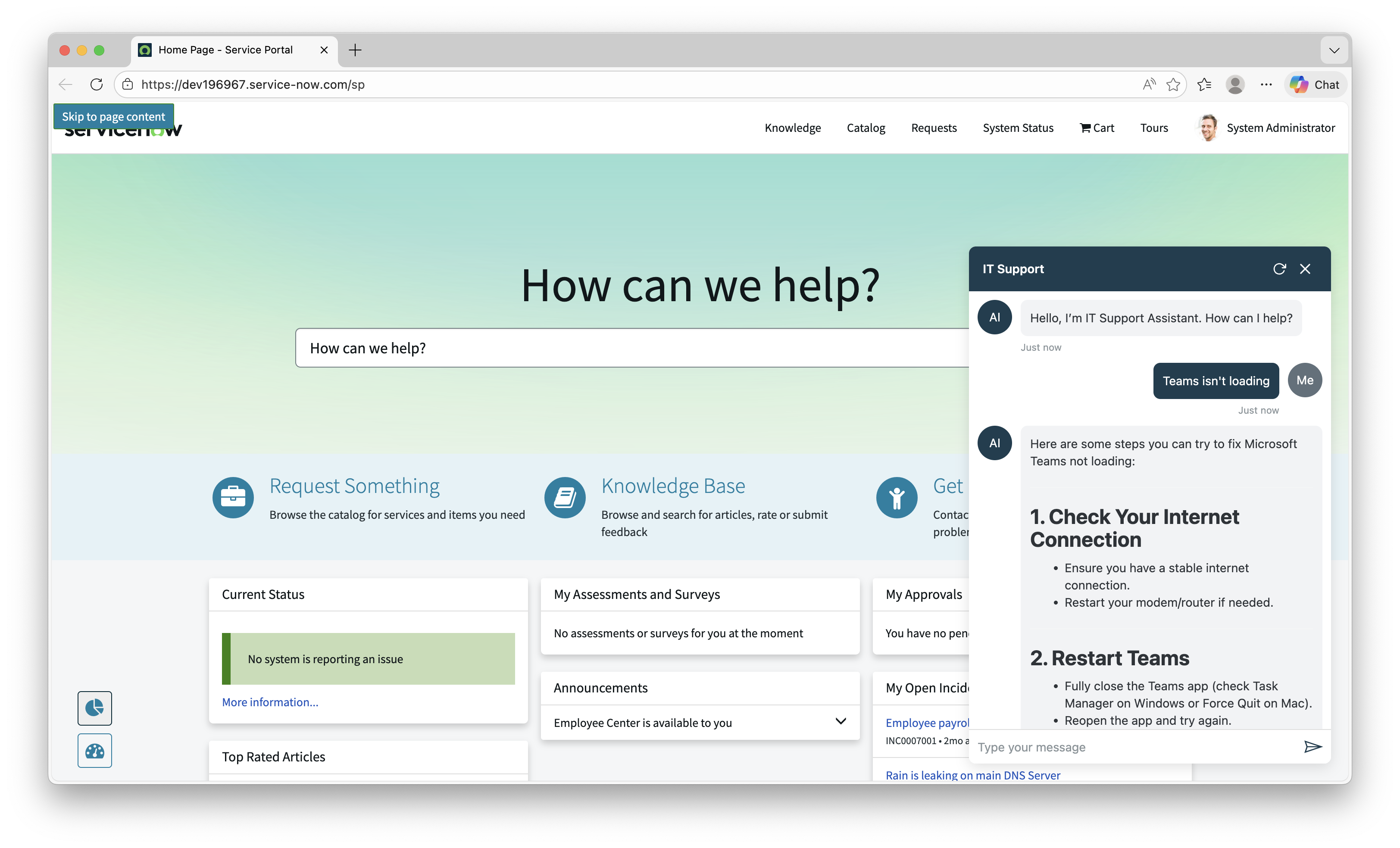 Chat widget running on a ServiceNow portal